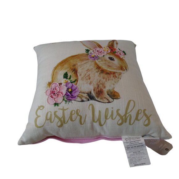 Bunny Kisses Easter Wishes Pillow with beaded accents 16x16" Bunny Floral - Picture 5 of 6